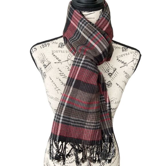 Made in England 100% Cashmere Red & Black Plaid Fringed Scarf Unisex - Picture 1 of 9